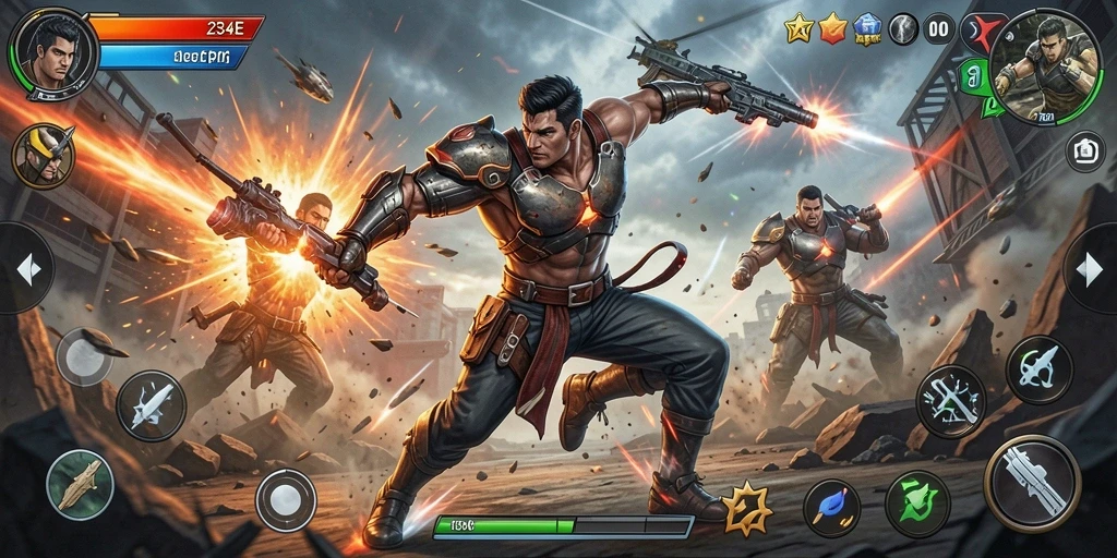 Gameplay 234E yang seru dan mendebarkan saat bertarung.