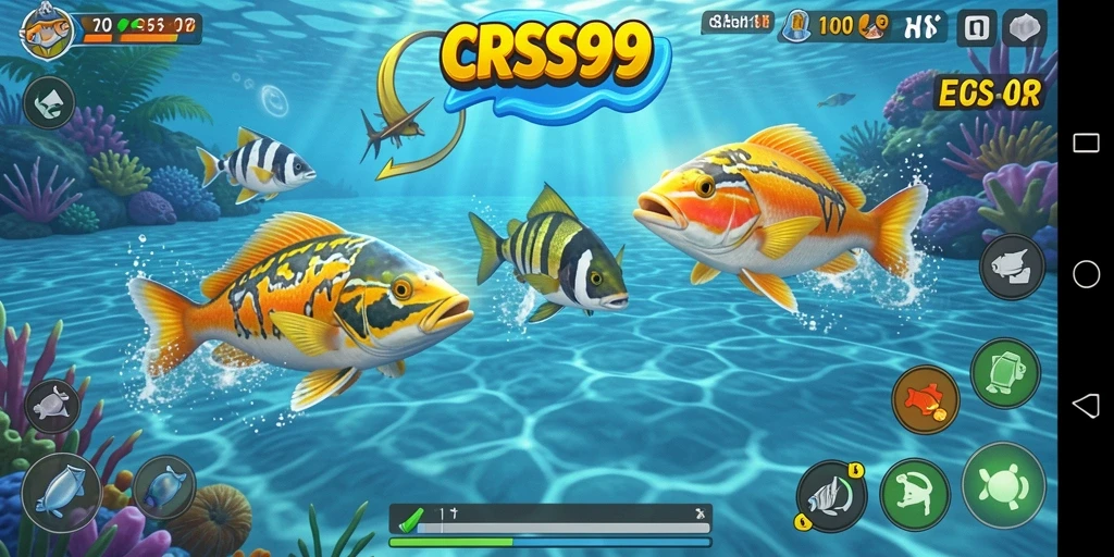 Tampilan gameplay penuh aksi di CRS99 saat menembak ikan.