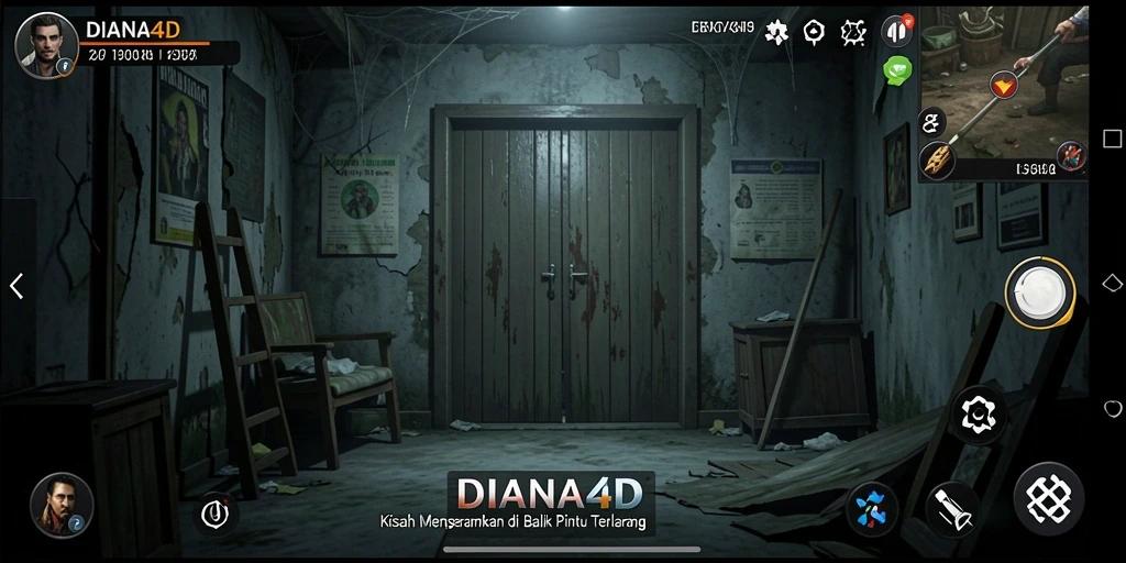 Screenshot utama dari gameplay menyeramkan DIANA4D dalam kegelapan.