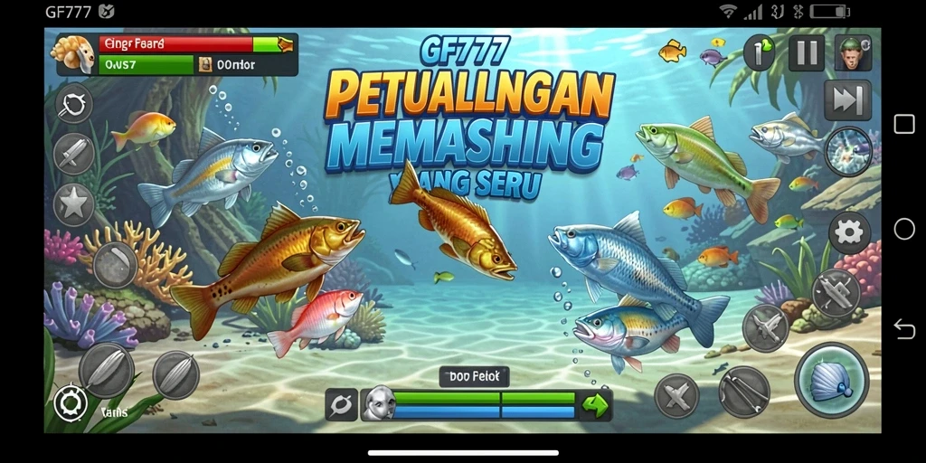 Screenshot utama GF777 menampilkan pemain menangkap ikan di laut yang indah.
