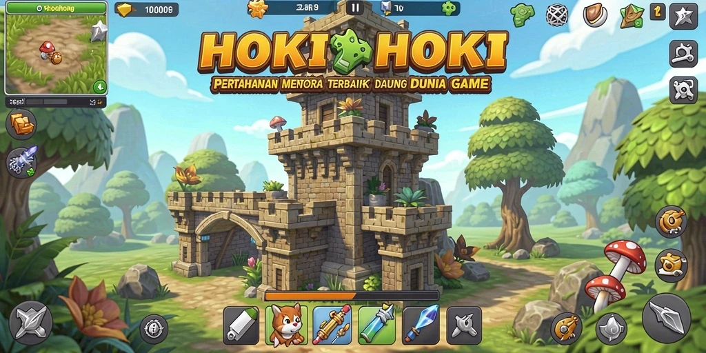 Screenshot gameplay HOKIHOKI dengan pertahanan menara yang strategis.