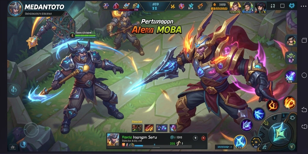 Screenshot MEDANTOTO menampilkan pertarungan intens di arena MOBA.