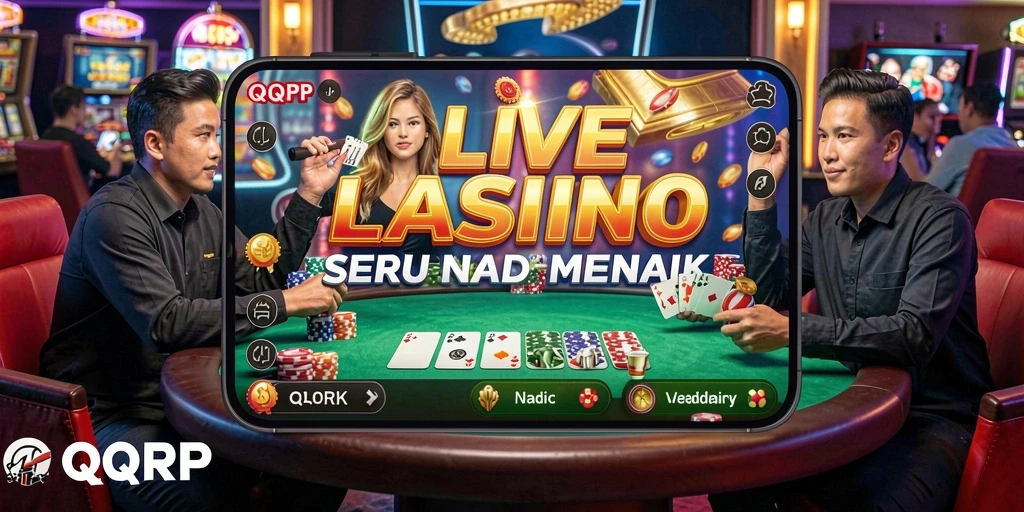 Screenshot utama QQRP menampilkan dealer live dan permainan kasino yang mendebarkan.