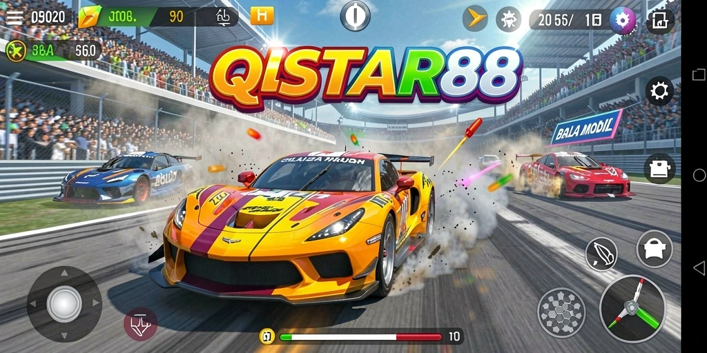 Screenshot gameplay QQSTAR88 menampilkan balapan seru di lintasan yang menantang.